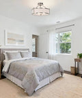Bedroom with Three Light Brushed Nickel Semi Flush Ceiling Light With Fabric Shade And Glass Diffuser, 18 Inch Drum Style Close To Ceiling