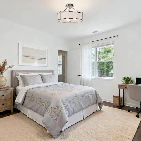Bedroom with Three Light Brushed Nickel Semi Flush Ceiling Light With Fabric Shade And Glass Diffuser, 18 Inch Drum Style Close To Ceiling