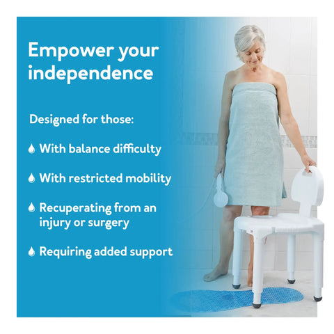 Senior Safe Bath Chair With Backrest For Shower Or Tub next to woman, easy inside shower seat for elderly, handicap-friendly design