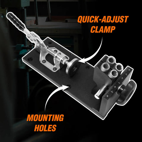 Pocket Hole Jig Kit For Woodworking With Metal Body showcasing quick-adjust clamp and mounting holes on black background
