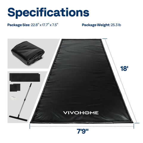 Heavy Duty Garage Containment Mat With Stay Put Corner And Squeegee For Mud Water Snow And Ice Protection PVC Floor Covering Measuring Seven Foot Nine Inch By Eighteen Foot To Keep Your Garage Dry And Clean While Parking specifications