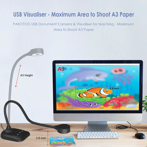 Straight Plug Usb Document Camera With Webcam Toggle For Teachers And Streamers Boasting A3 Scanning Adjustable Gooseneck Stand Bright LED Array and Smart Image Reversal paired with Sharp Dual Mic Recording Ideal For Zoom Obs and Remote Learning Setup with A3 display area.