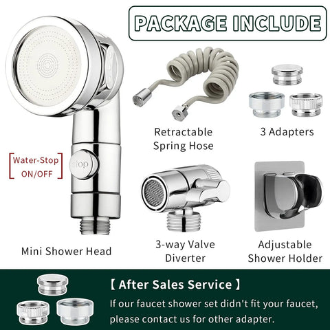 Package contents of Pet Bath Sprayer Attachment for Sink Faucet, Hair Rinser Showerhead; includes adapters and retractable hose