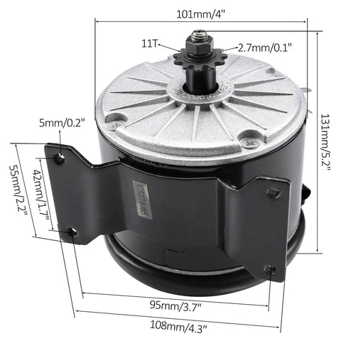 Rock Solid 36V 350W Brushed DC Electric Motor My1016 Kicking Out Two Seventy Five RPM With Eleven Tooth Sprocket side view with dimensions.