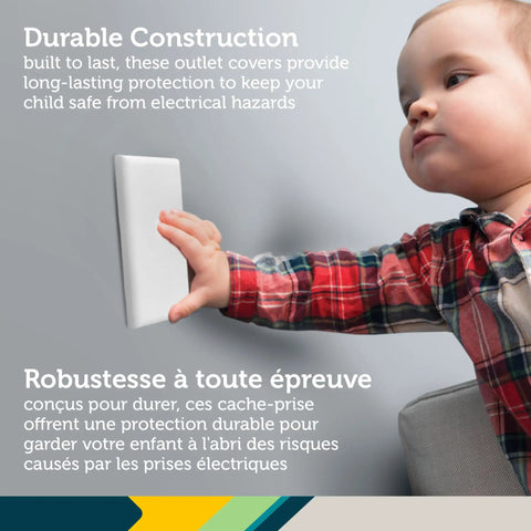 Toddler touching OutSmart Outlet Shield 2 Pack With Paintable Decoy Panels for unused outlets, with highlighted features.