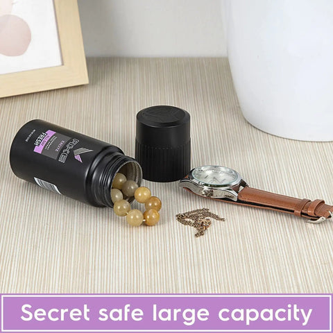 Lowkey Discreet Diversion Safe Stash Can With Hidden Compartment For Keys Cash And Valuables open with beads and watch on table
