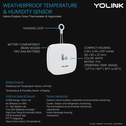 Outdoor Temperature And Humidity Sensor With 1000 Foot Range And Two Year Battery Life Real Time App Text Email Alerts Works With Alexa And IFTTT No Monthly Subs Hub Required, white hanging unit