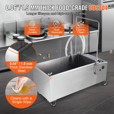 Heavy Duty Mobile Fryer Oil Filter Machine Featuring High Performance Pump Assembly crafted from 0.06" thick stainless steel.