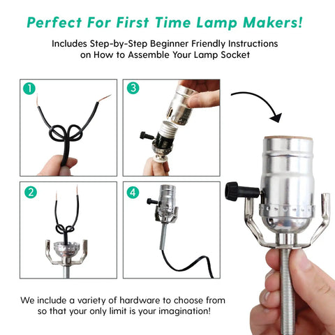 Step-by-step guide for Beginner Friendly DIY Lamp Wiring Kit with antique brass socket and 12 foot brown cord assembly.