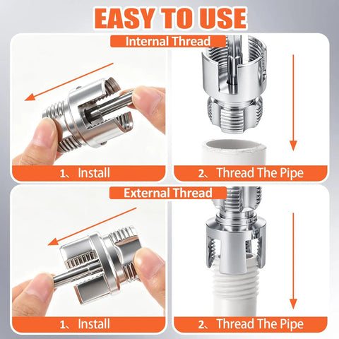 ElaraBerry 4 In One Water Pipe Wrench And Threader Tool Kit showing internal and external threading steps for pipes.