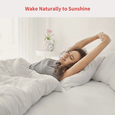 Curtain Smart Electric Motor For U Rail Tracks With Wireless App And Timer Control Works With Alexa Google Home And HomePod Via Hub Mini IFTTT Ready White Finish Hands Free Open And Close At Your Fingertips visible in open bedroom scene with person stretching.