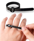 Person using Pro Grade Ring Sizer Tool Set For Jewelry Making, Silvery Metal Ring Size Gauge Kit, 0-13 gauge belt shown on finger