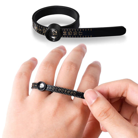 Person using Pro Grade Ring Sizer Tool Set For Jewelry Making, Silvery Metal Ring Size Gauge Kit, 0-13 gauge belt shown on finger
