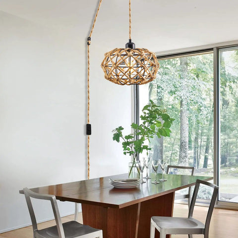 Plug In Pendant Light With On Off Switch Hemp Rope Woven Rattan Hanging Lamp For Cozy Farmhouse Kitchen And Bedroom Boho Chic Indoor Ceiling Light