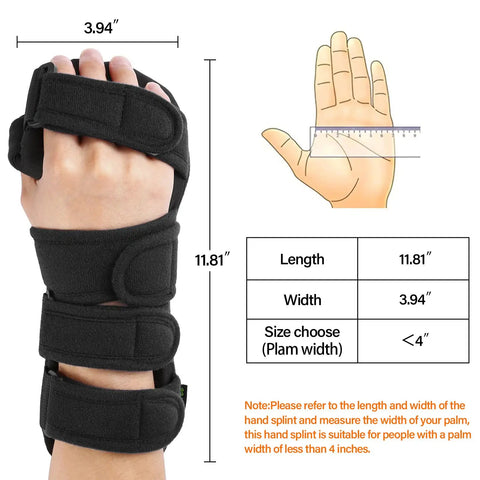 Resting Hand Splint For Both Hands With Finger Separator And Wrist Immobilizer showing measurements in black