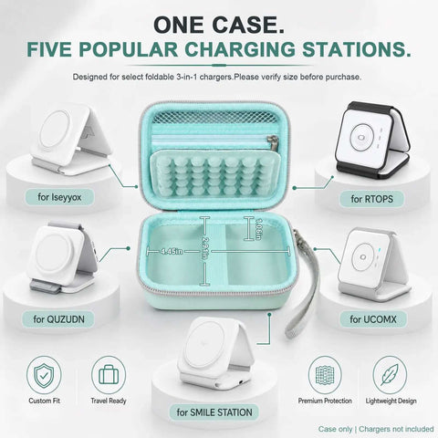 Hard Travel Case For Foldable 3 In 1 Wireless Charging Station Heavy Duty Protective Pouch, turquoise with interior measurements.
