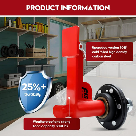 Front view of 2-pack shipping container wheel kit with red frame and black wheel hub
