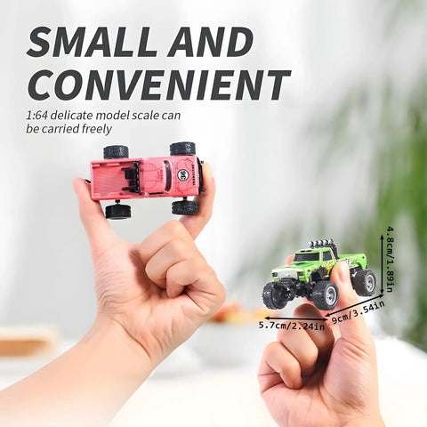 Hands holding Mini 1 To 64 Scale Monster RC Truck With Lights 2 Point 4GHz Remote Adjustable Speed And Steering Grey