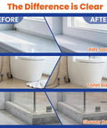 Before and after image showing the effectiveness of Straight Up Clear Waterproof Sealant on pipe joints, toilet base, and shower door.