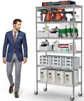 Beefy Heavy Duty Metal Rolling Shelving Unit With Wheels And 8 Hooks, 6000 Lbs Total Capacity, 6-Tier adjustable chrome wire rack with tools and paint cans