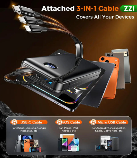 Massive 60000mAh Power Bank With 3 In 1 USB-C iOS Micro USB Cable And 22.5W Fast Charge, sleek design with multiple devices
