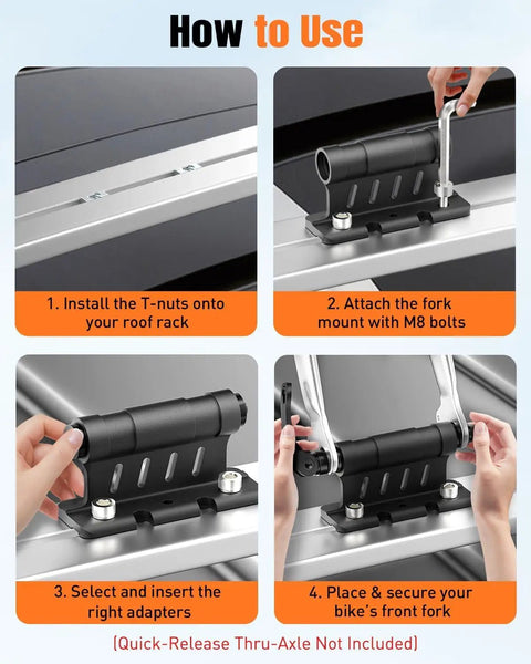 Heavy Duty Bike Fork Mount Block With Upgraded Aluminum Alloy Build 8 Cone Adapters installation guide on car roof rack.