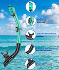 All In One Snorkel Mask Set For Adults Kids And Teens With 180 Degree Field Of View Leak Proof Fog Proof Dive Mask Goggles focus on snorkel features against ocean backdrop