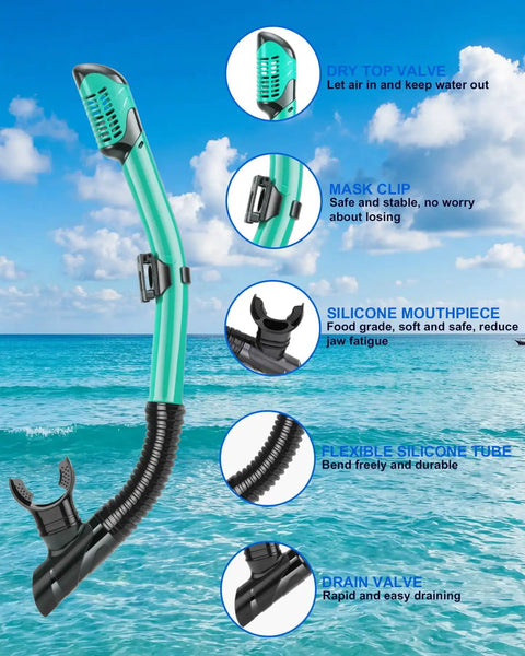 All In One Snorkel Mask Set For Adults Kids And Teens With 180 Degree Field Of View Leak Proof Fog Proof Dive Mask Goggles focus on snorkel features against ocean backdrop