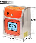 No Sweat Contactless Time Clock For Small Business Automated Payroll Tracker With Hands Free Drop In Card Slot Plug And Play Hygienic Shell Rock Solid Performance, showing dimensions and digital display.