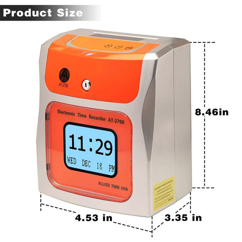 No Sweat Contactless Time Clock For Small Business Automated Payroll Tracker With Hands Free Drop In Card Slot Plug And Play Hygienic Shell Rock Solid Performance, showing dimensions and digital display.