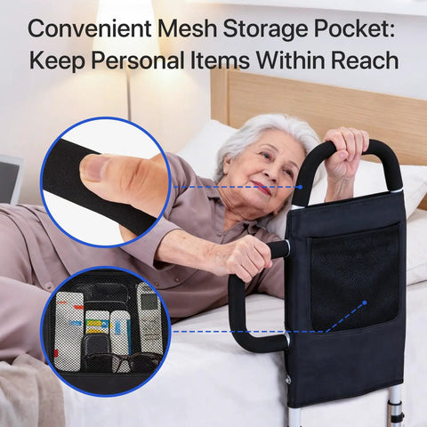 Elderly woman using Upgraded Bed Assist Rail For Seniors And Post Surgery Recovery with storage pocket in bedroom setting.