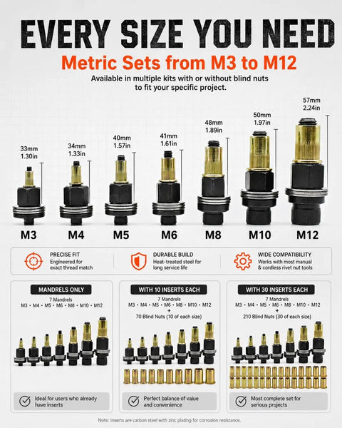 Pro Rivet Nut Tool Kit With M3 To M12 Mandrel Nosepiece Set showing various sizes, engineered for precise fit, durable stainless steel.