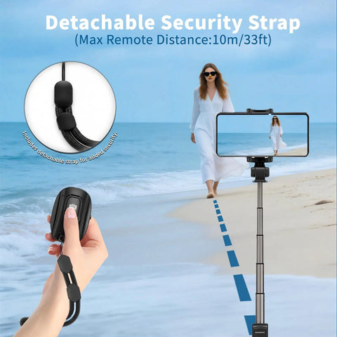 2 Pack Rechargeable Wireless Camera Remote Shutter for iPhone and Android Phones, detachable strap shown at beach.