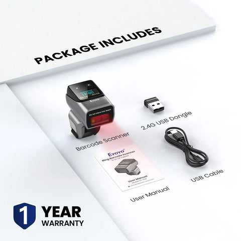 Package contents of 2D Bluetooth Ring Barcode Scanner With Screen For Left Or Right Hand Wearable QR Code Reader With 1 Inch Color Display