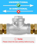 1-in stainless steel check valve with NPT threaded ends on copper pipe and brass fittings.