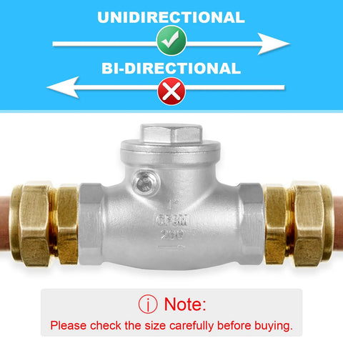 1-in stainless steel check valve with NPT threaded ends on copper pipe and brass fittings.