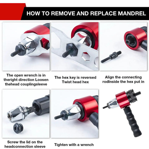 How to remove and replace mandrel on Top Rated Electric Riveting Gun With Carrying Case For Home And Auto, showing assembly steps.
