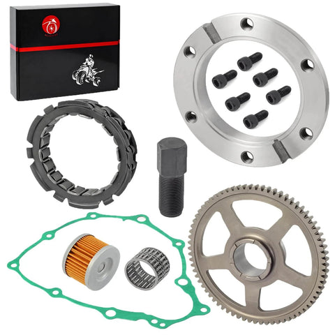 Beefed Up All In One Starter Clutch Kit With One Way Bearing Gear Idler Outer Clutch Gasket 72T Driven Gear Flywheel Puller Tool 20mm And Oil Filter For Honda Sportrax 400 TRX400EX TRX400X 1999 To 2014 visible components