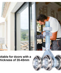 Heavy Duty Double Roller Wheels For Sliding Barn Doors Smooth Gliding Trolley Hardware Built Tough Iron Construction No Sweat Setup Top Tier Quality Pack Of Two, showing installation on a 35-45mm door.
