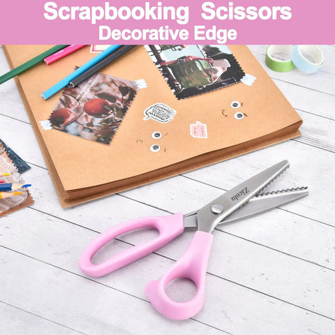 9 Inch Pinking Shears For Fabric Cutting And Crafting, Zigzag Scissors With Heavy Duty Stainless Steel Blade And Serrated Edge, Ultra Sharp And Durable For Tailors, Pros, Quilters, Dressmakers, Scrapbooking, Lace And Wig Work, Home DIY Projects. Pink-handled scissors on scrapbook page
