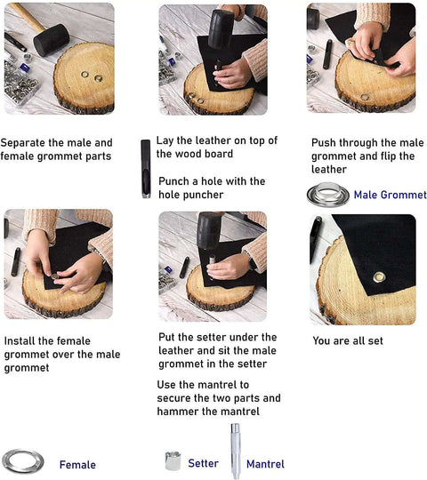Step-by-step instructions for using All-In-One One-Eighth Inch Metal Grommets And Eyelets Kit, 200 Sets For Fabric Leather Tarps Clothing Boots And Sewing, Includes Rivets, Nickel-Free Brass Hardware, Built Tough For DIY Projects And Quick Repairs with tools.