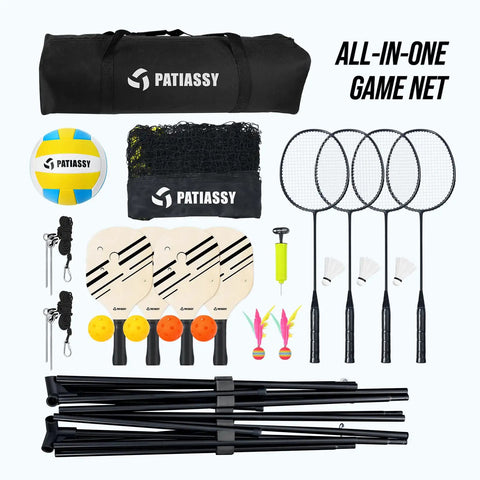 All-In-One Backyard 3-In-1 Net Set For Volleyball Badminton And Pickleball With 17Ft Adjustable Height Net Portable Carry Bag Rackets Paddles Balls Shuttlecocks Pump And Accessories For Easy Outdoor Setup And Family Fun.