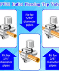 Front and side views of BPV31D bullet piercing tap valve kit with copper tube; fits 1/4", 5/16", 3/8" OD pipes.