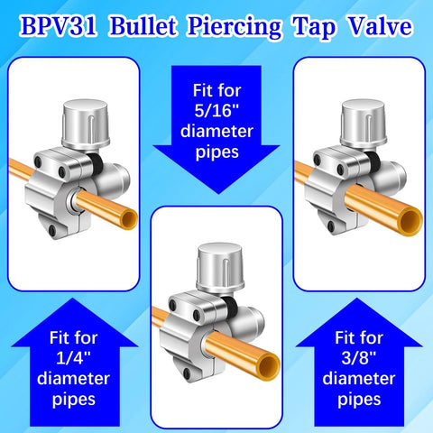 Front and side views of BPV31D bullet piercing tap valve kit with copper tube; fits 1/4", 5/16", 3/8" OD pipes.