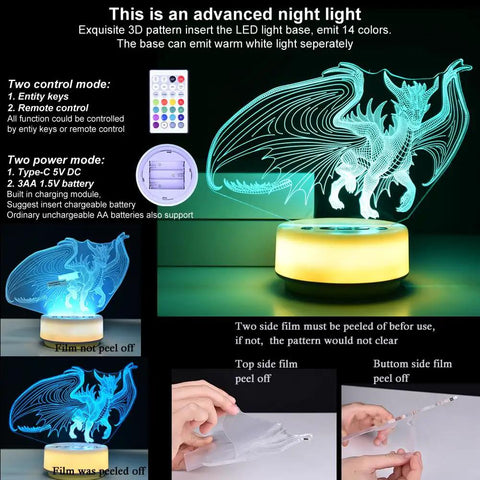 Dragon Night Light For Kids And Adults With 14 Color Options And Remote, 3D Illusion Dragon, warm white base, multiple views