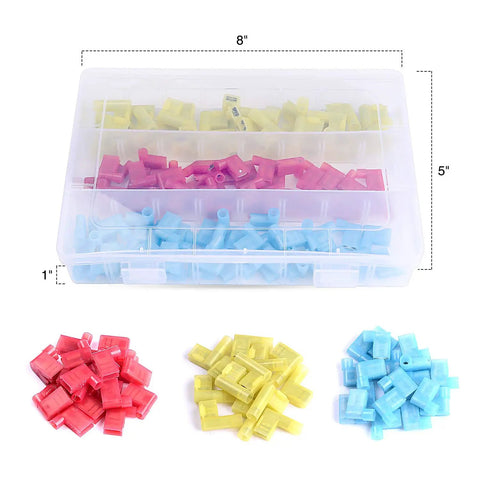 110 Piece Nylon Flag Spade Female Insulated Quick Disconnects Assortment Set with red, yellow, blue connectors in clear box