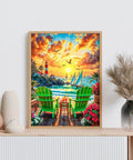 Sunset Diamond Painting Kit For Adults, 5D Beach DIY Full Drill Round Gem Art with chairs facing ocean, 12x16 wall decor