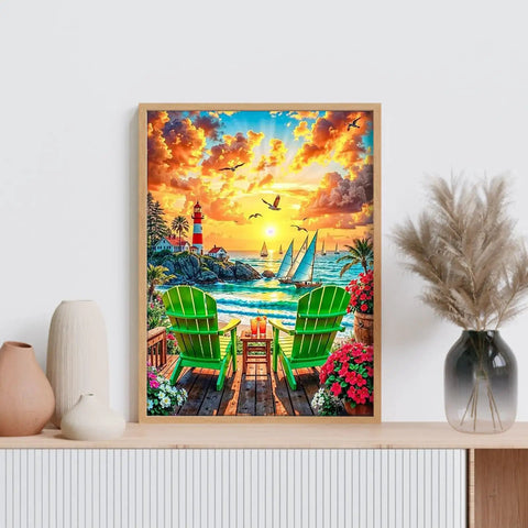 Sunset Diamond Painting Kit For Adults, 5D Beach DIY Full Drill Round Gem Art with chairs facing ocean, 12x16 wall decor
