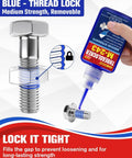 Image showing a bottle of Blue Thread Locker Medium Strength being applied to a metal bolt, preventing loosening and corrosion.