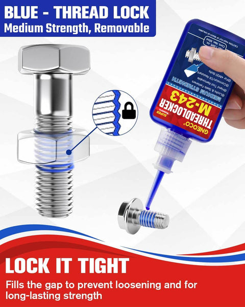 Image showing a bottle of Blue Thread Locker Medium Strength being applied to a metal bolt, preventing loosening and corrosion.